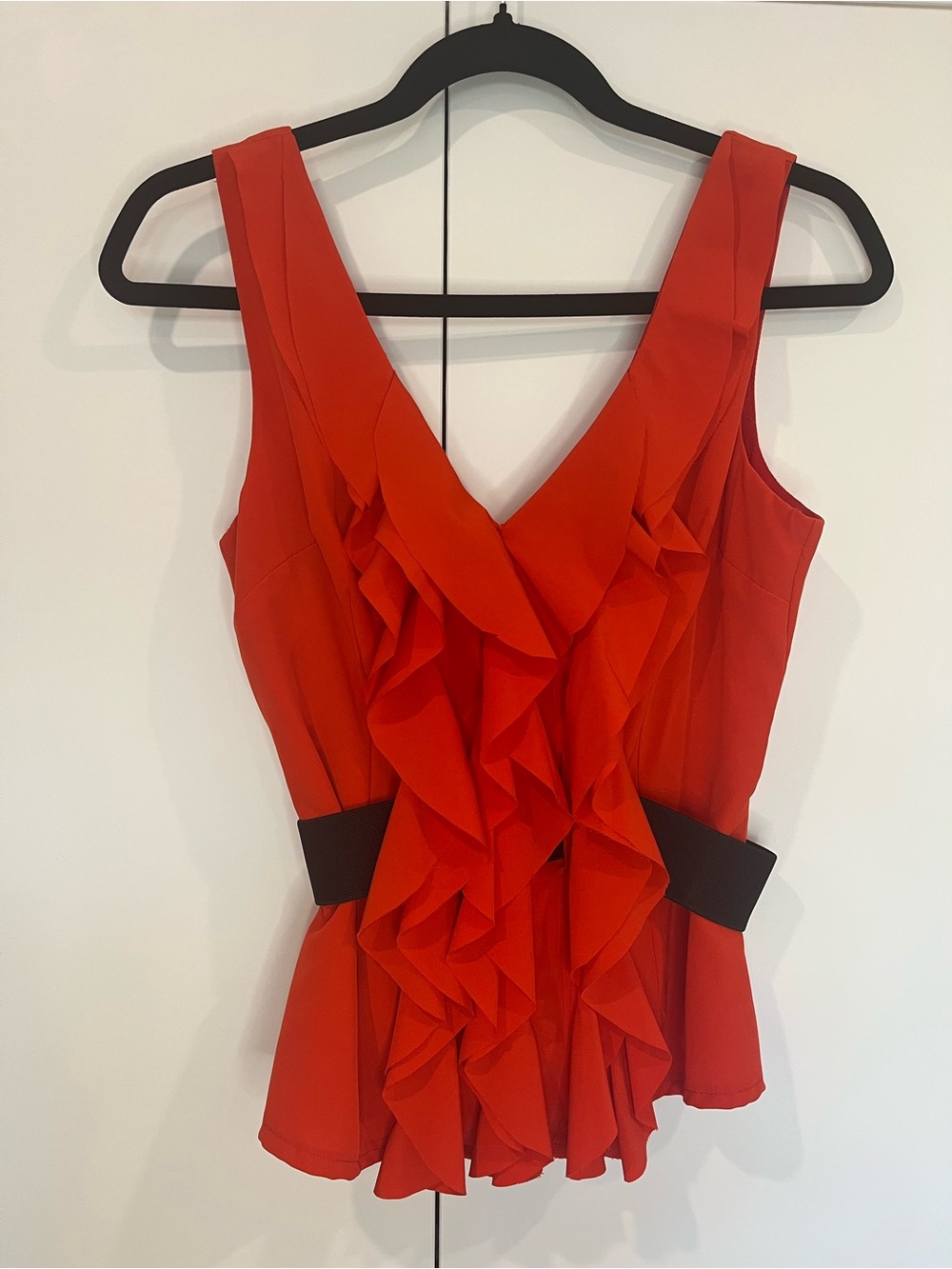 Mendocino Red Ruffle V-Neck Peplum Top with Black Waist Accents
